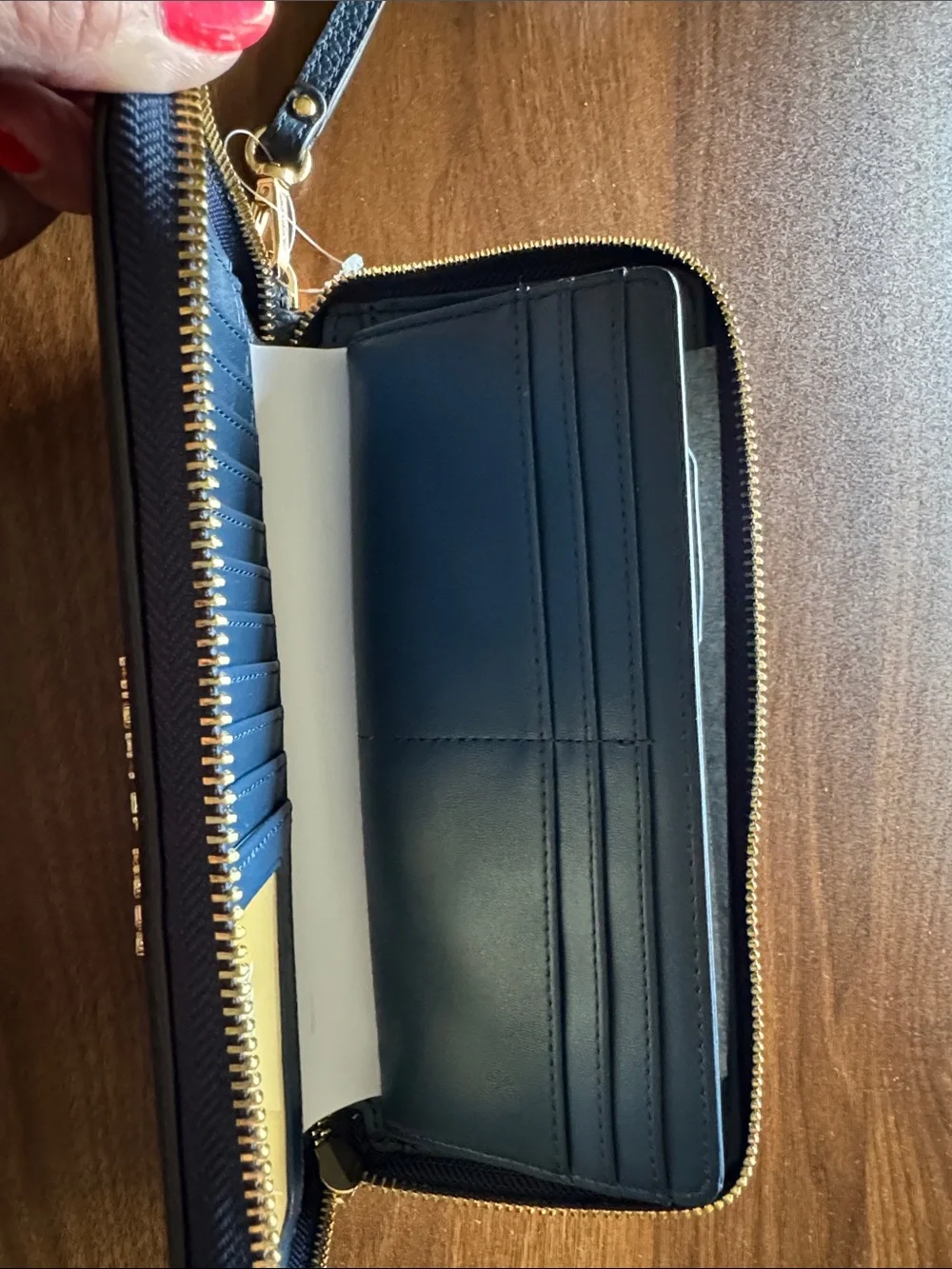 Michael Kors Blue Pebbled Leather Zip Wallet with Gold Logo
